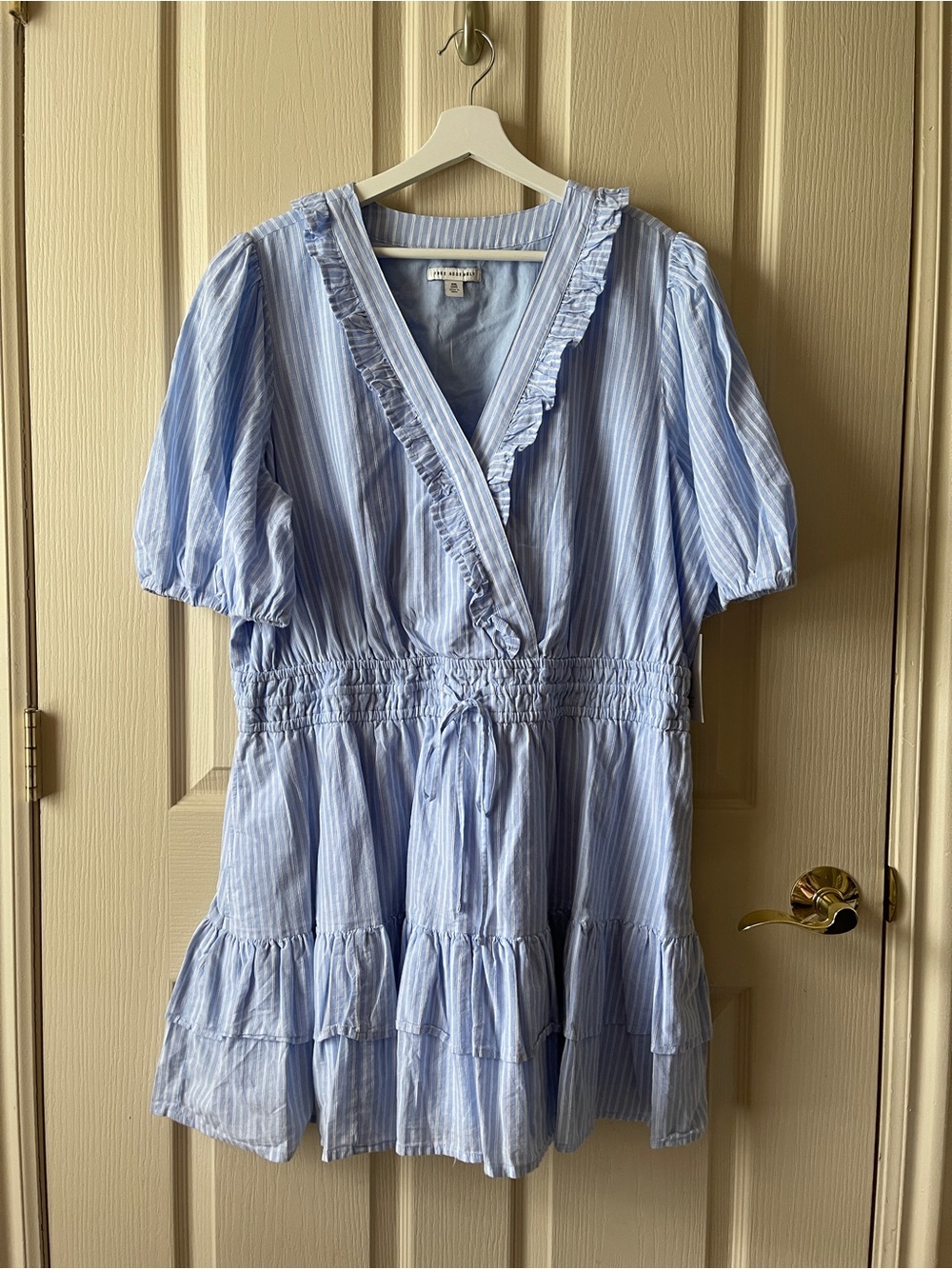 FREE ASSEMBLY CHAMBRAY Blue Striped Ruffle WOMENS Dress - Charming Casual 20 XXL